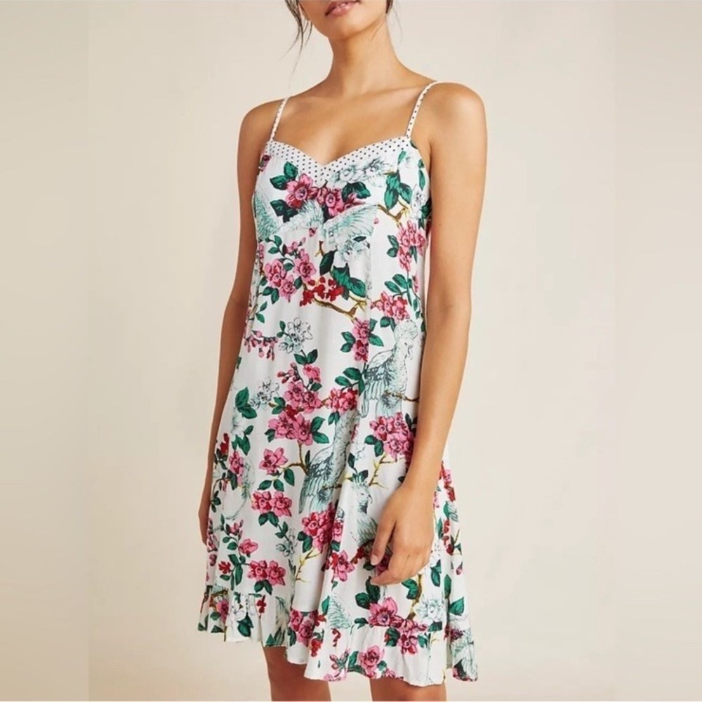 Anthropologie Layla Sleep Dress Floral Bird Pattern Cottagecore Feminine Size XS